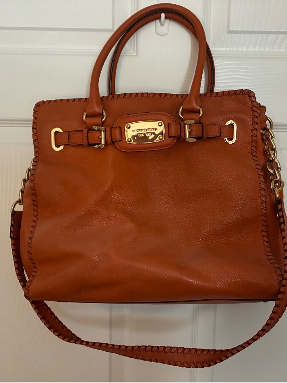 Michael Kors Cognac Leather Whipstitch Tote with Gold Hardware